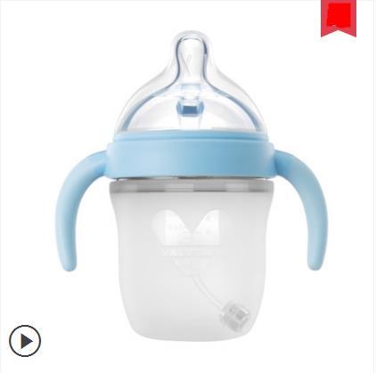 2018 new style baby silicone feeding-bottle and wide caliber with handle straw baby anti dropping bottle