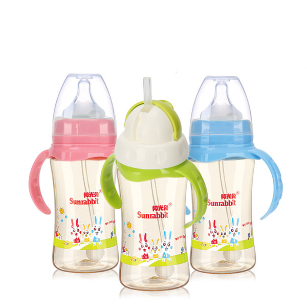 240ml / 300ml food grade bpa free infant kids milk water bottles, wide mouth ppsu baby feeding bottle with handle