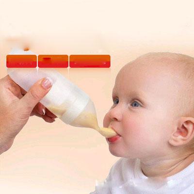 Safe Cute Baby Rice Paste Eating Training Silicone with Spoon Bottle Infant's Complementary Food Squeeze Bottle Milk Juice Bottles 90ml