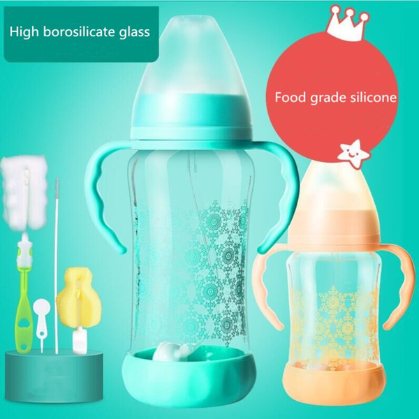 Factory wholesale free shipping glass milk bottle wide caliber silicone feeding baby bottle with moveable handle