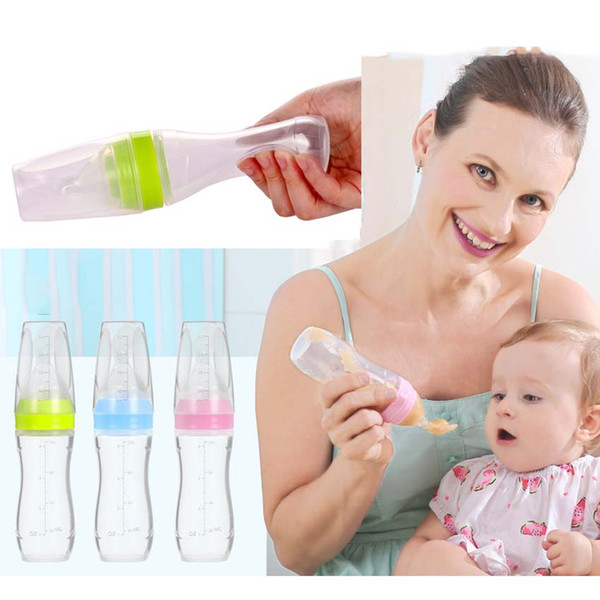 120ml Baby Silicone Feeding Bottle With Spoon Squeezing Feeding Spoon Training Scoop Rice Cereal Food Supplement Feeder 3 Colors LJJA562