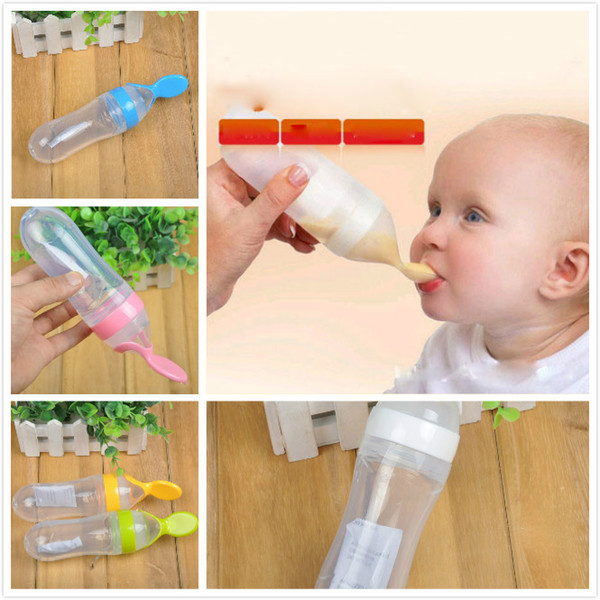 Baby Rice Paste Eating Training Silicone Bottle with Spoon Children's Complementary Food Squeeze Bottle Rice Paste Spoon 90ml 5 Colors