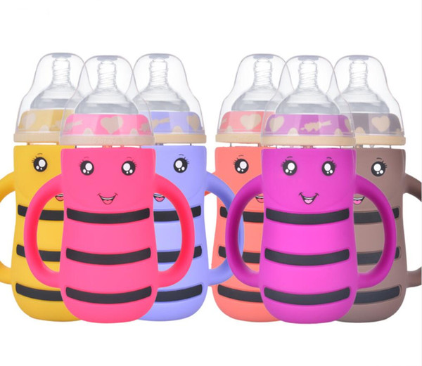 Wide-diameter Glass Bottle Baby Anti-flatulence Anti-fall Baby Products with Straw Designer Cute Bee with Handle Baby Bottle