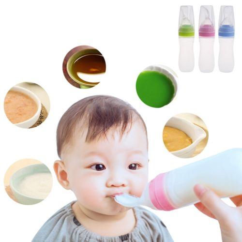 90ml Baby Silicone Feeding Bottle With Spoon Squeezing Feeding Spoon Training Scoop Rice Cereal Food Supplement Feeder 3 Colors LJJA563