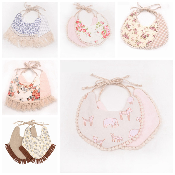 Baby Floral Bibs INS Cartoon Print Burp Cloths Baby Girls Boys Tassel Bibs Infant Bandana Double Layer Cotton Flower HHA1178