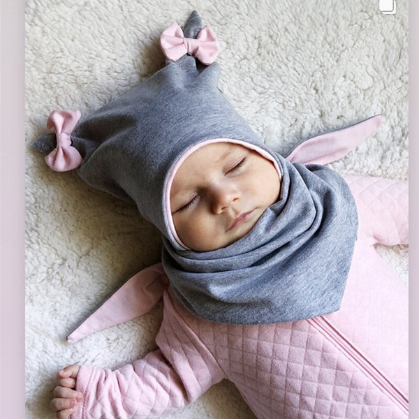 baby Double-layer children's color matching cotton bow hat bib two-piece autumn and winter baby tire hat ear cap bib