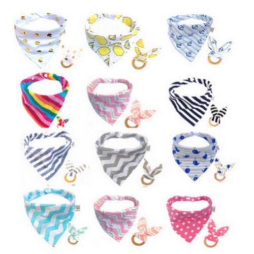 New Hot Baby Feeding Head Scarf Towel Bib Saliva Triangle Dribble+Teething Rings 2pcs