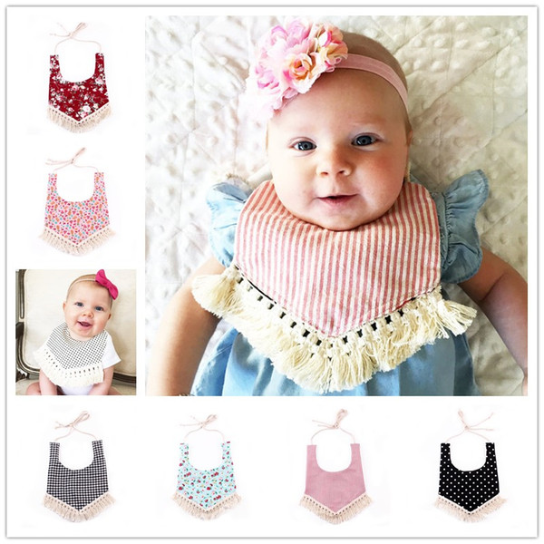 INS Baby cotton bibs Infant Kids Burp Cloths triangular binder girls boys Stripe Dot Mouth bib with tassel floral adjustable Bibs KSF01