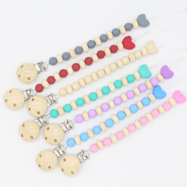 Pacifier Chain with Silicone Beads Natural Wooden Beads Baby Teething Accessory Heart Chew Beads Dummy Pacifier Holders