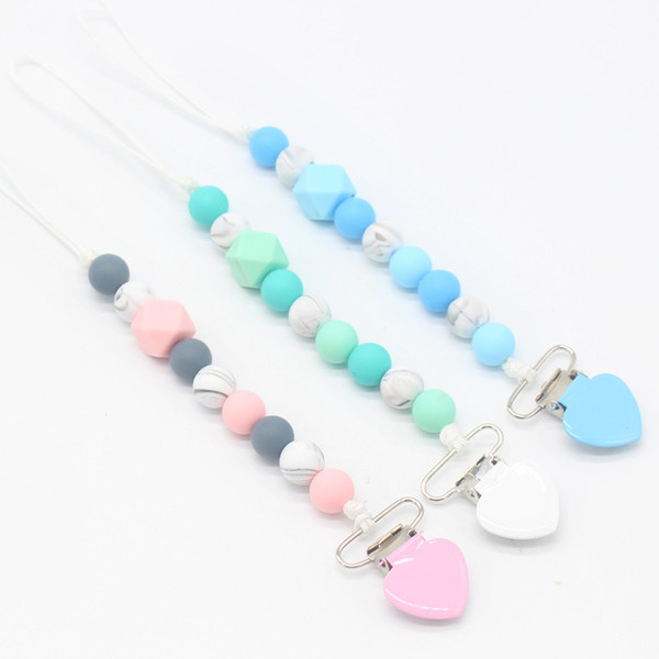 Silicone Pacifier Chain with Heart Clips Metal Dummy Holder Clips Silicone Chewing Beads Marble Infant Soother Holder Clips