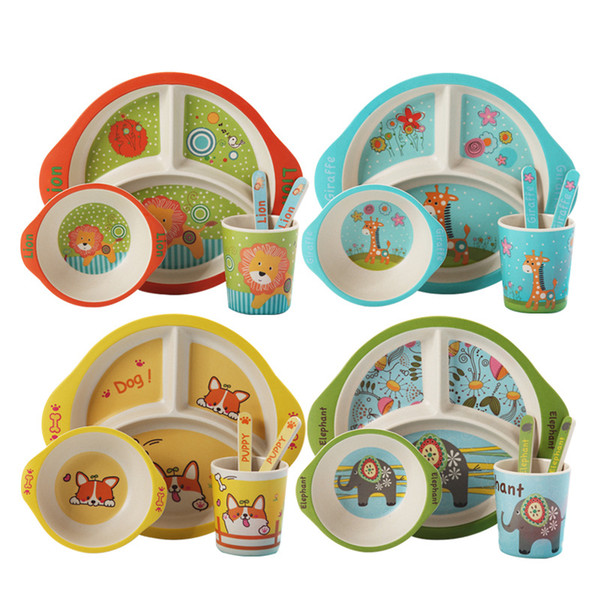 2018 Hot Eco-Friendly Bamboo Fiber Baby and kids feeding dinner Sets Dishes Set with Cup Spoon Plate Fork Feeding Dishes for Kids Utensils