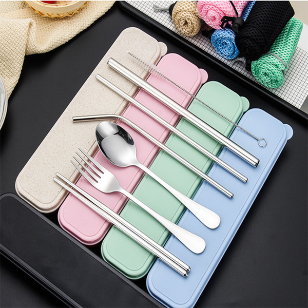 2019 Stainless Steel Flatware Set Portable Cutlery Set For Outdoor Travel Picnic Dinnerware Set Metal Straw With Box And Bag Kitchen Utensil