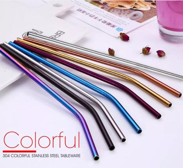 6* 21.5cm Colorful Stainless Steel Drinking Straw Straight Bent Reusable Straws Fruit Juice Party Bar Accessory