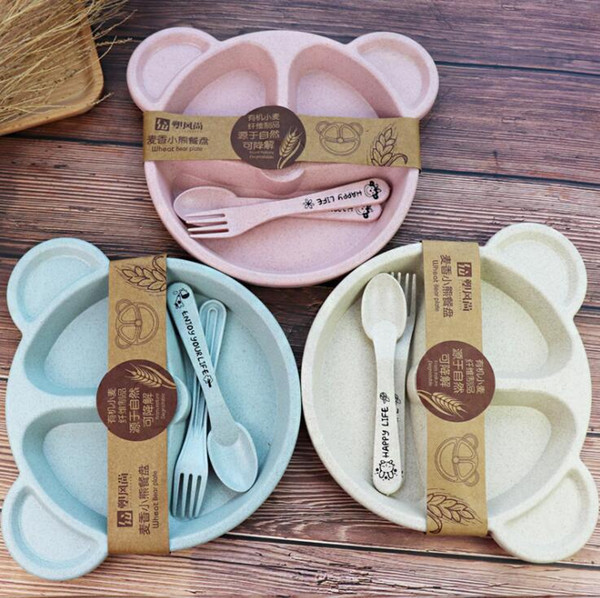 Cartoon Baby Kids Tableware Set Wheat straw Dinnerware Feeding Food Plate Dishes Bowl Set With Spoon Fork ECO-friendly Tableware LXL511-A