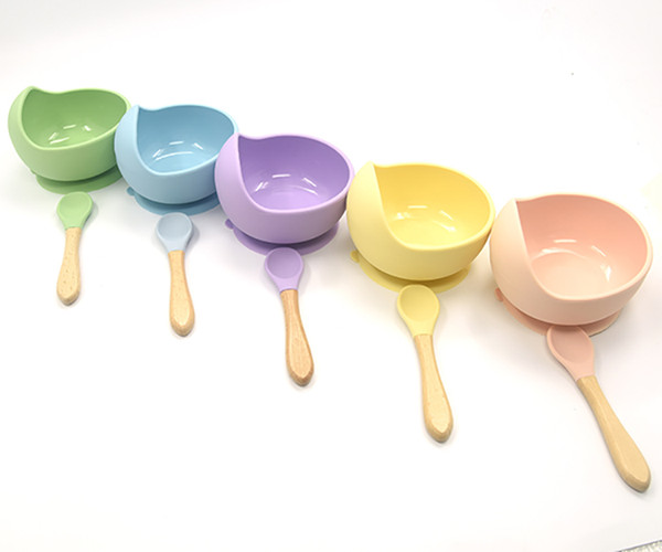 Silicone Baby Spill Proof Feeding Bowl Set Food Grade Silicone Cartoon Snail Bowl with Wooden Spoon Infant Feeding Tableware Children Dishes
