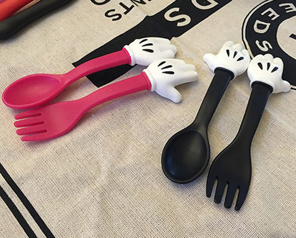 instagram Kids Baby Spoon Fork Set Drop Resistance Tableware - Cute Spoons Spork Children Dinnerware Food Grade Plastic (Pink/Black)