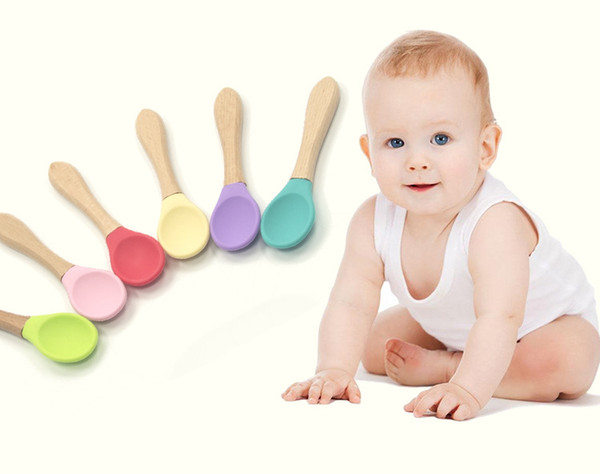 Baby Bamboo Training Spoons Organic Soft Baby Feeding Silicone Tip Spoon Scoop Easy Grip Handle Toddlers Infant Gifts GFJ665