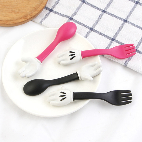 Baby Feeding Fork Spoon Sets Mouse Palm Shape Cutlery Toddler Dinnerware Portable Utensil Kids Learning Eat Tools DHW1744