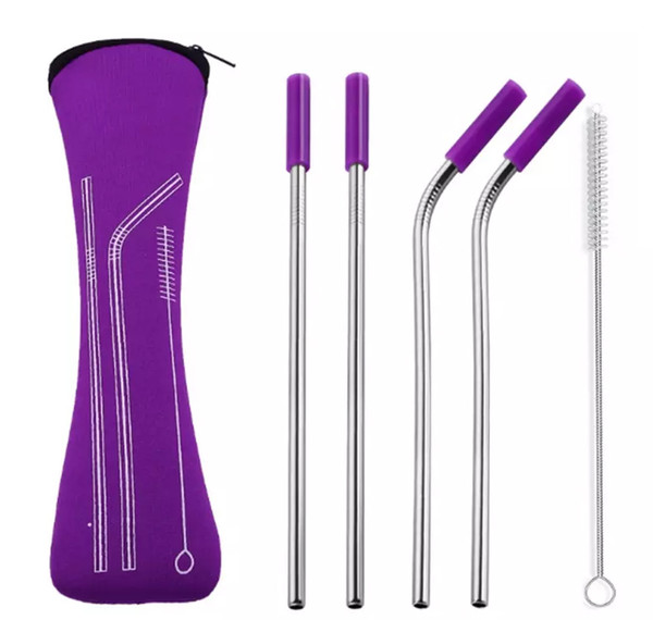 Stainless Steel Straws Sets 6pcs/Set Bag Colorful Metal Straw With Silicone Tip Reusable Juice Straw Bar Tools 21.5cm 50set