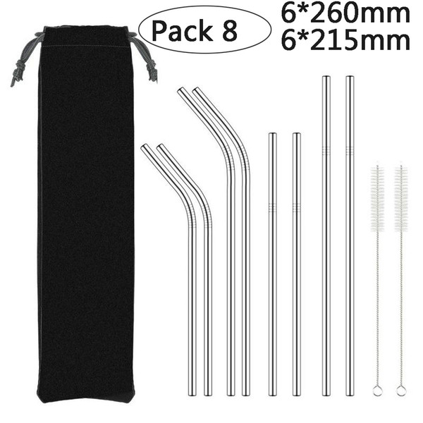 Stainless Steel Straws And Brush 215*6mm 267*6mm Straight And Curved Coffee Milk Tea Straw For Hotel Bar Kitchen Mixing Straws