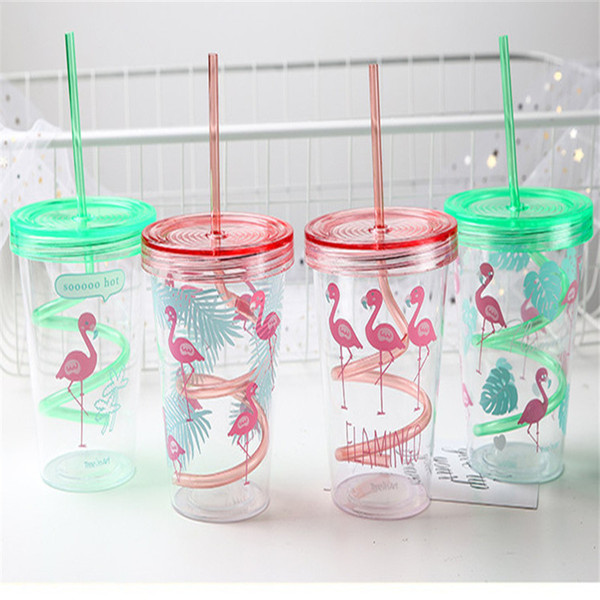 Creative Summer Cup Kids Adult Cartoon Flamingo with Lid Straw PP Water Juice Bottle Fashion Mix Color K0343