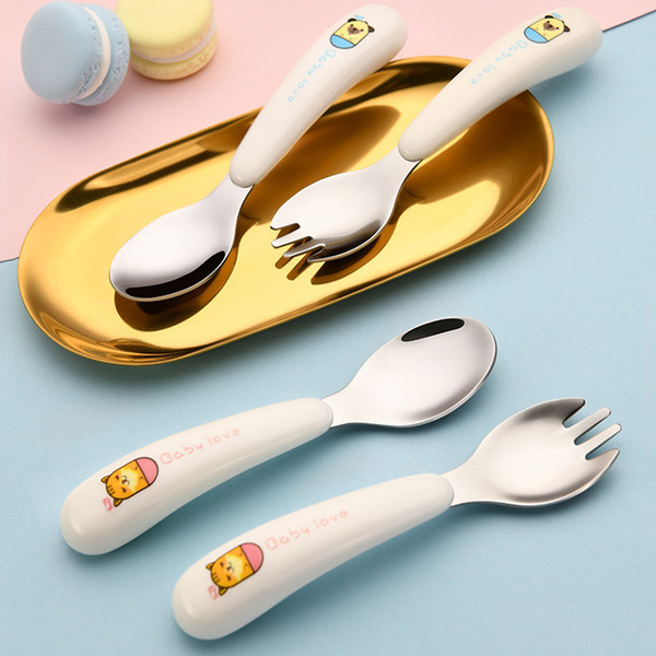 Baby Stainless Steel Portable tableware set PP handle Spoon Fork 3.1x12.8cm plastic transparent storage box Infants Training tableware