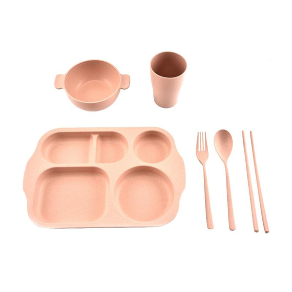 6PCS/set Innovative Kid's Wheat Straw Tableware Compartment Grid Children's Dinner Tableware Plate Bowl Cup Fork Spoon Chopstick