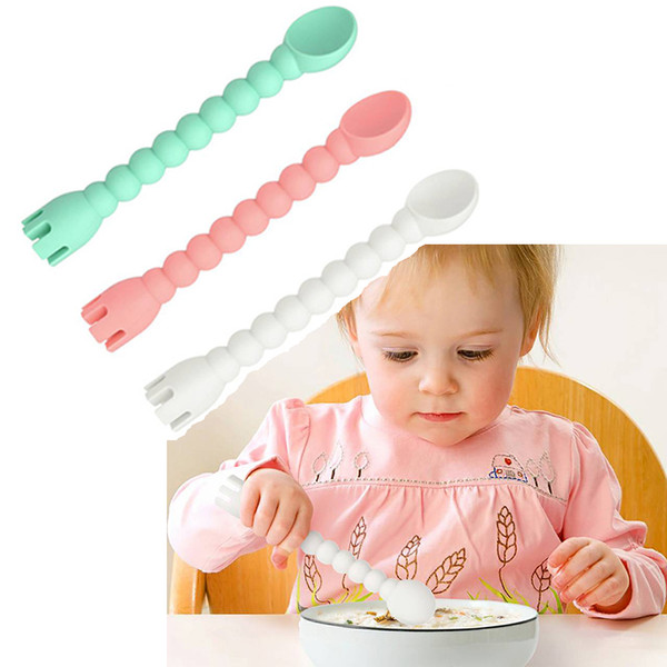 Baby Safety Silicone spoon Forks 2 combined non-slip handle designe three colors baby training spoon fork Baby feeding M120