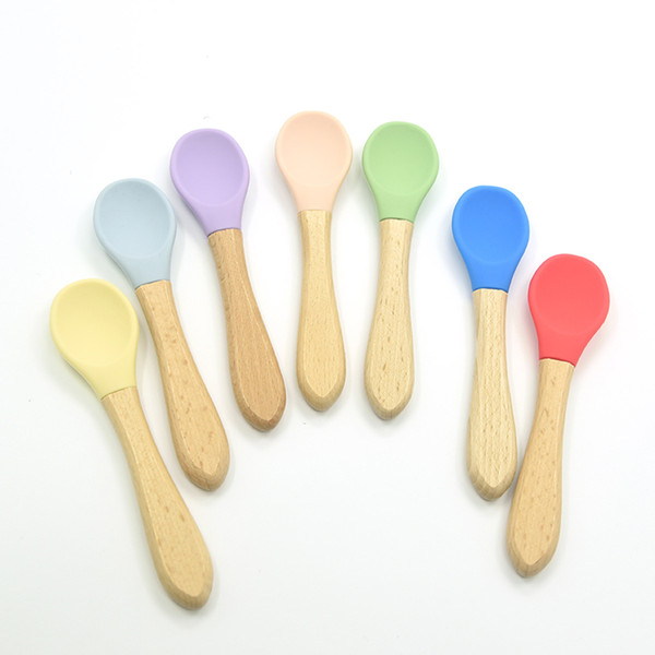 Baby Bamboo Training Spoons Organic Soft Baby Feeding Silicone Tip Spoon Scoop Easy Grip Handle Toddlers Infant Gifts