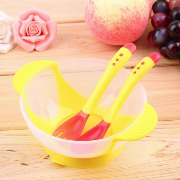 Popular Baby Infants feeding Bowl With Sucker,Temperature Sensing Spoon Baby Learnning Dishes Assist food Spoon Bowl Set