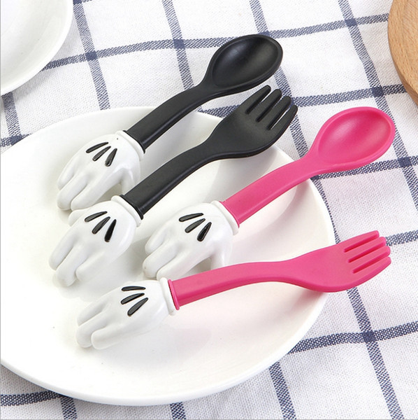 Baby Feeding Fork Spoon Sets Mouse Palm Shape Cutlery Toddler Dinnerware Portable Utensil Kids Learning Eat Tools YW1744