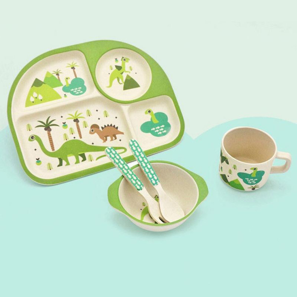 Bamboo Baby Dishes Bowl Cup Plates Sets 5pc/set Sub-grid Cartoon Tableware Creative Gift For Infant Toddler Children Dinnerware