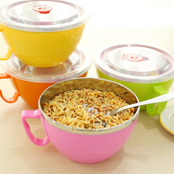 Solid Stainless Steel Bowl Instant Noodle Bowl With Lid With Handle 900ml Large Stainless Food Container Rice Bowl Soup