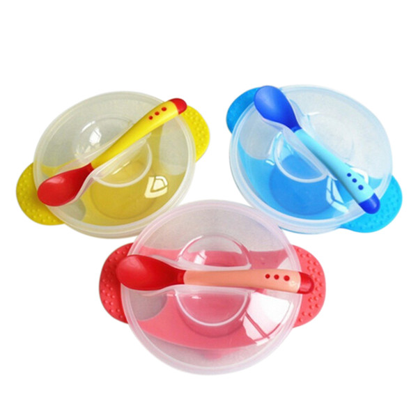 Toddler Baby Kids Child Feeding Lid Training Bowl with Spoon Cartoon Binaural Baby Feeding Tableware Children Plate Sucker Bowl free shippin