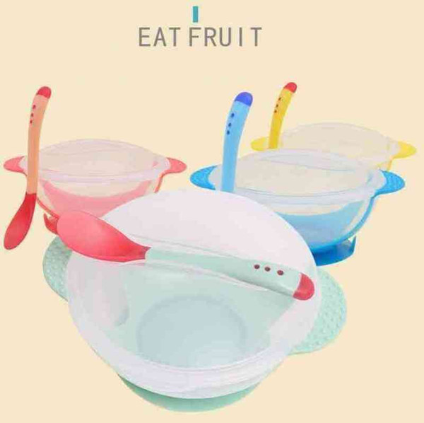 Baby 3 pieces/set bowl Kids Child Feeding Lid Training Bowl with Spoon Cartoon Binaural Baby Feeding Tableware Children Plate Sucker Bowl