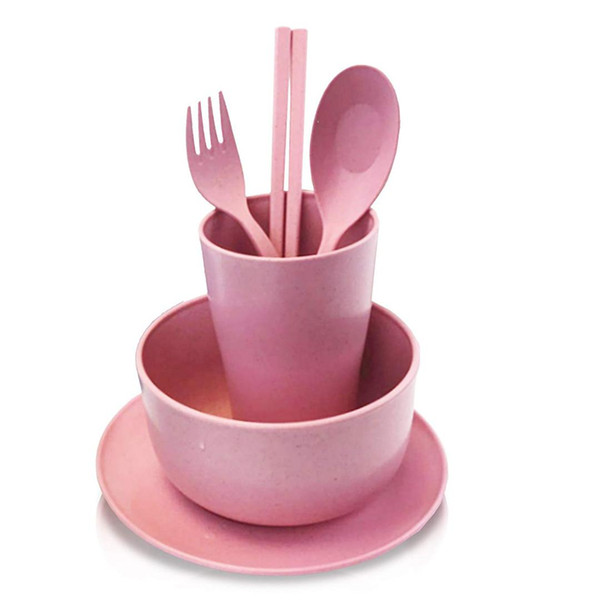 Wheat Straw Fiber Biodegradable Kid -friendly Mealtime Dinnerware Pink Set with plate bowl cup spoon fork and chopsticks