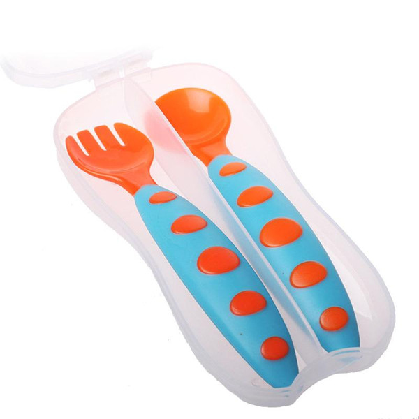 Safe Plastic Baby Spoon+ Fork Colorful Anti-Skid Handle Learning Tableware Children Dishes With Box/opp bag 2 pcs/Set 13-175/148