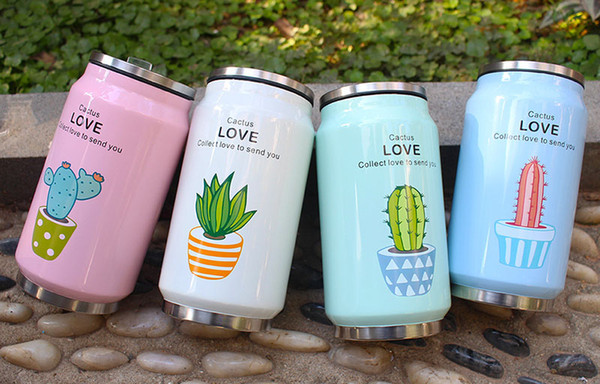 Hot 350ml cactus cans mug stainless steel with straw cartoon printing kettle student portable cup travel sports car bottle free choose W1903