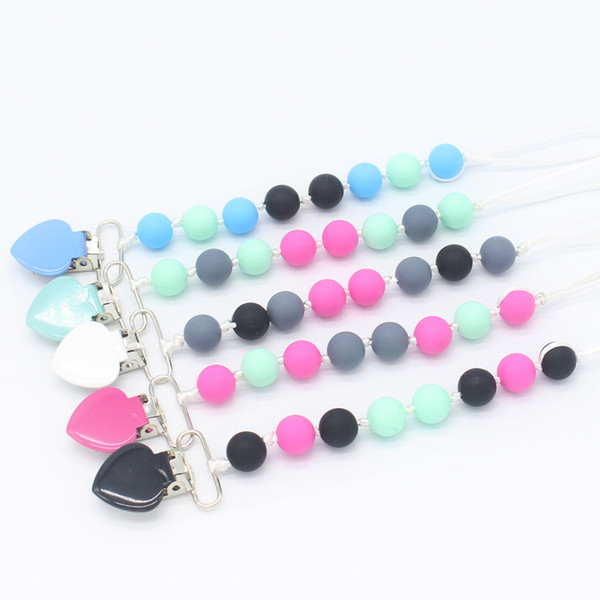 Metal Heart Pacifier Clips Chew Silicone Beads Soother Chain Nipple Holder Teether Pendant Toy Clips Infant Toddler Gifts