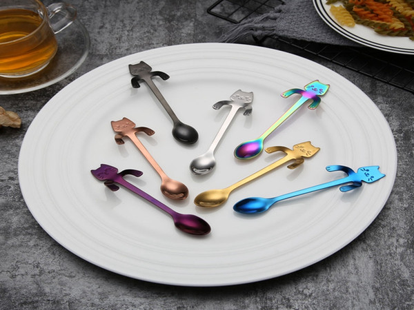 7 colors Small Mini 304 Stainless Steel Cat Strring Spoon Tea Spoon Litter Cats Coffee Spoon Long Golden Cutlery