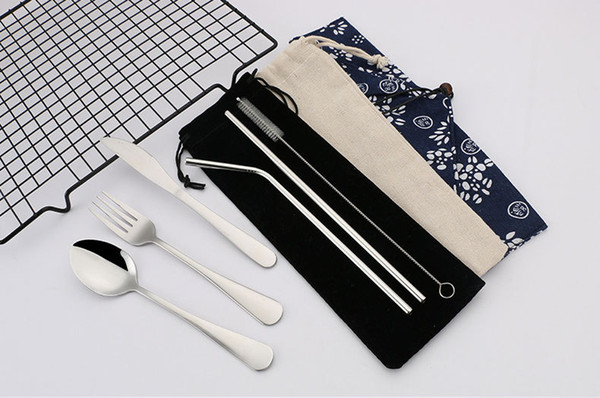 7 Set Stainless Steel Straw and Brush Spoon Set Reusable Bend and straight +Bend+spoon+Knife+fork+brush+bag set free ship AA1989