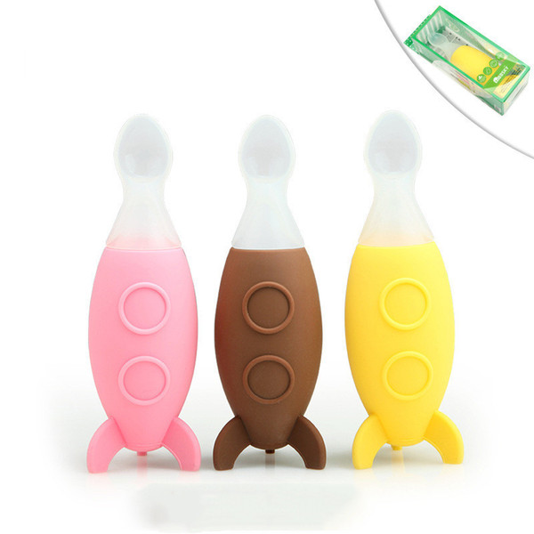 Creative Small Rocket Squeezed Silicone Feeding Scoop Baby Cooking Rice Paste Feed Spoon Newborn Gifts Carton Spoon