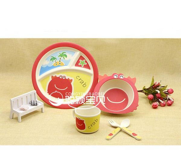 Bamboo fiber tableware baby children eat with round green dinner plate bowl dish fork spoon cup set 2017 giftt