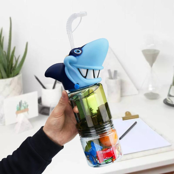 Blue Shark Straw water Cup Children Adult Creative Personality Carry Kettle Kids Water sport outdoor Bottle Not Applicable With Lid