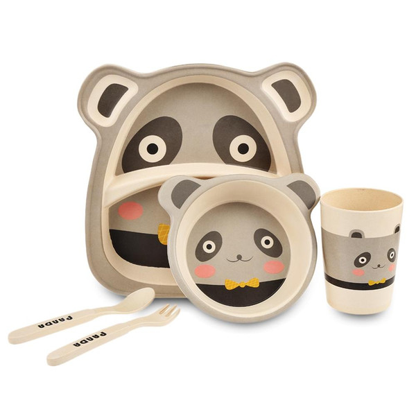 5PCS/Set Baby Bamboo Fiber Tableware Lovely Animal Panda Tiger Polar Bear Frog Pattern Solid Feeding Tablewares Set For Kid Children VB