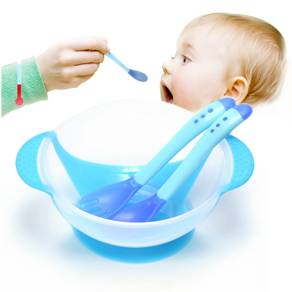 3Pcs/set Baby Learning Dishes With Suction Cup Assist Bowl Temperature Sensing Spoon Fork Tableware Pratos Platos Kids Safety Dinnerware Set