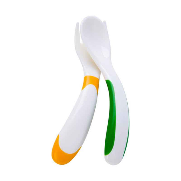 Baby Feeding Plasticity Spoon Babies Train Spoon And Fork Combinations Baby Bent Scoop Tableware Suit F010