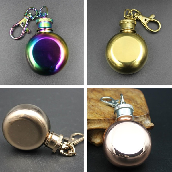 1oz Mini Stainless Steel Round Hip Flask with Keychain Whiskey Wine Pot Small Flasks Drinkware tools 4 Colors KIds cups I368