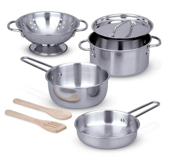 (8 pcs) Stainless Steel Pots and Pans Pretend Play Kitchen Set for Kids Includes colander, pot with lid, 2 pans, 2 wooden utensils, and rack