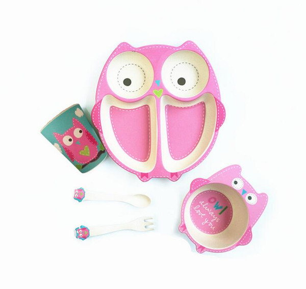 5Pcs Set Owl Shape Baby Bamboo Dinner Sets Eco-Friendly Kids Cartoon Dishes Set,Children Plates Set,Bamboo Kids Picnic Set,Kids Feeds